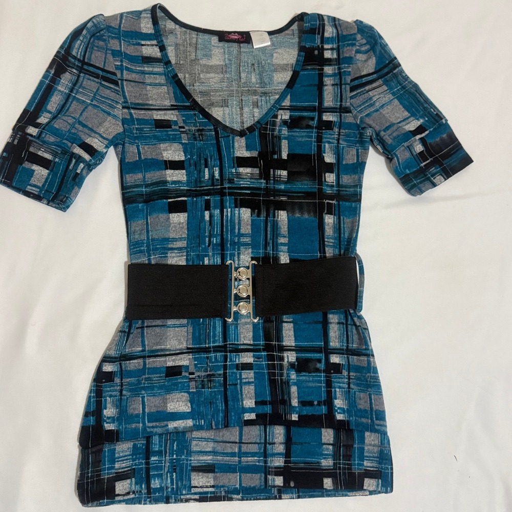 Ultra Flirt Women Teal Black Abstract Plaid Belted Tunic Top Short Sleeve V-Neck